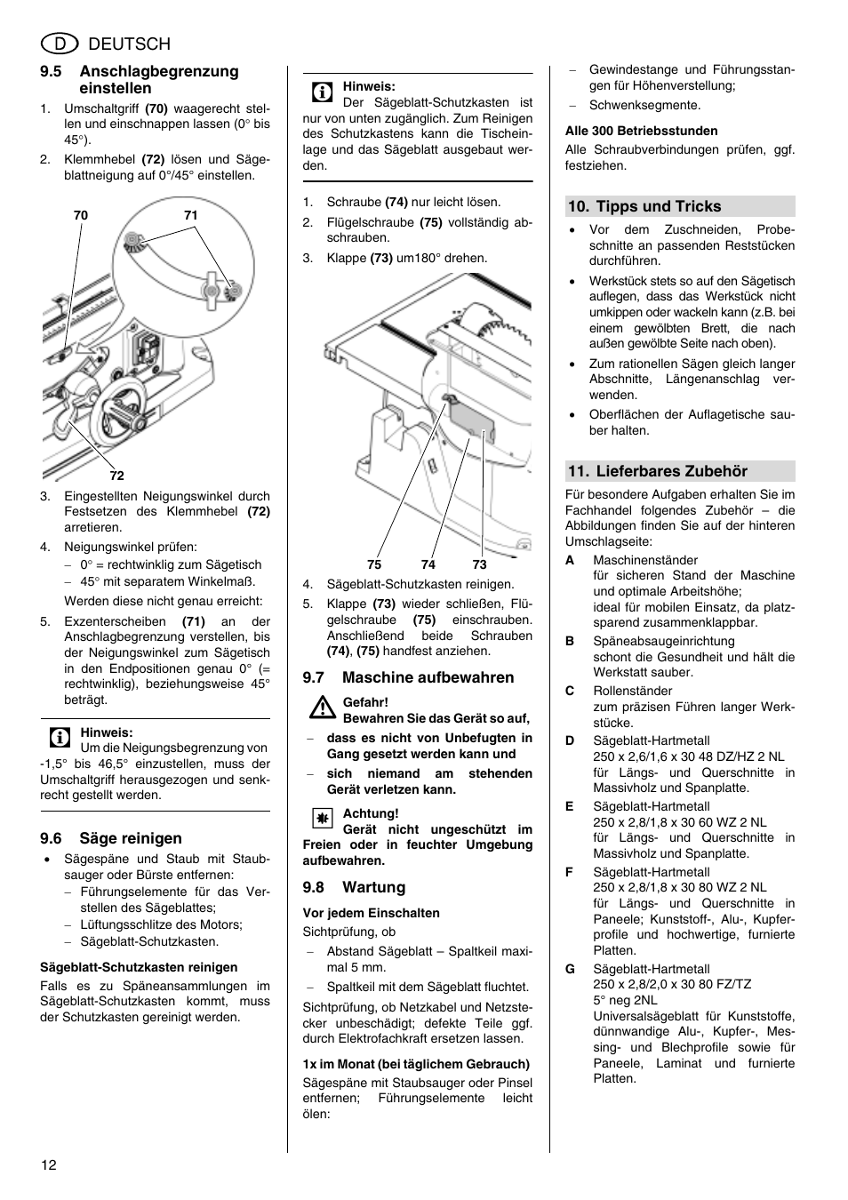 Deutsch | Metabo TS 250 User Manual | Page 12 / 47