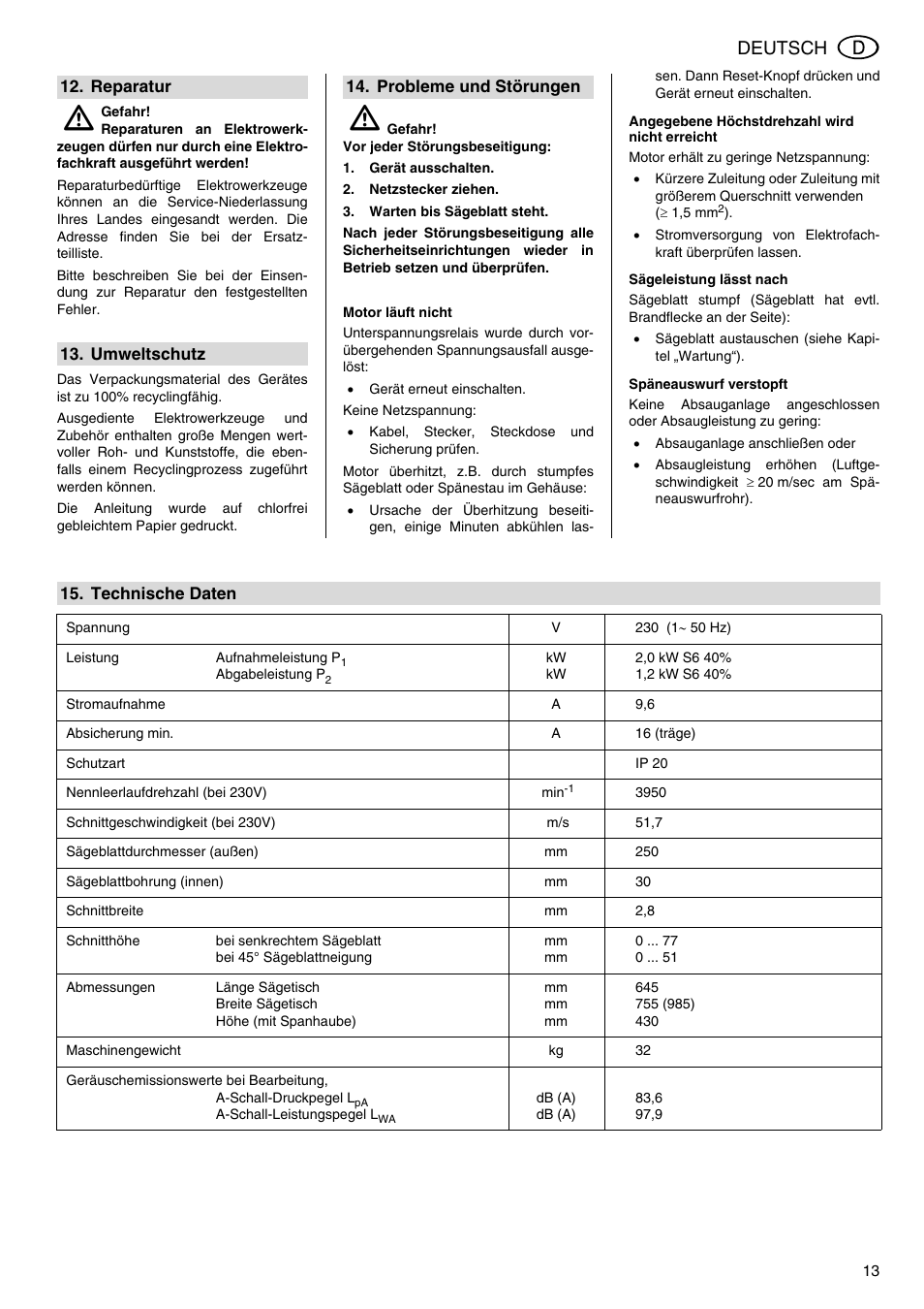 Deutsch | Metabo TS 250 User Manual | Page 13 / 47