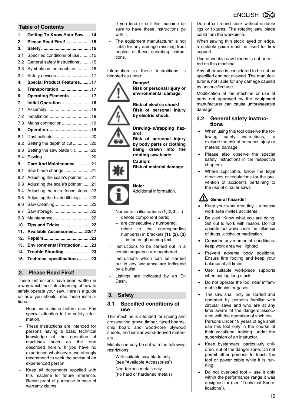 English | Metabo TS 250 User Manual | Page 15 / 47