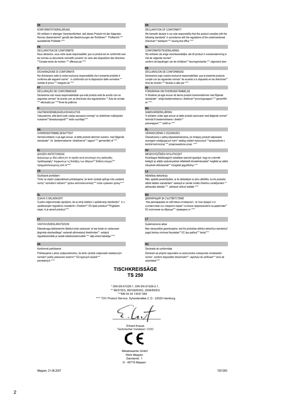 Tischkreissäge ts 250 | Metabo TS 250 User Manual | Page 2 / 47