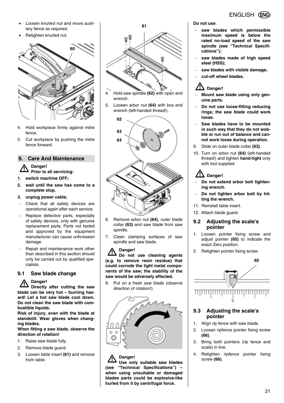 English | Metabo TS 250 User Manual | Page 21 / 47