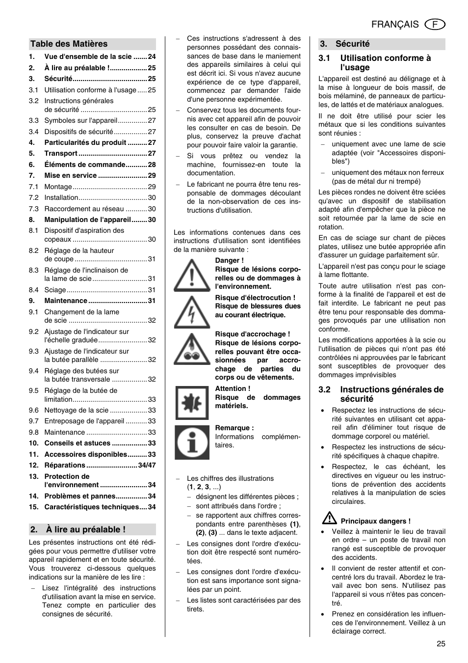 Français | Metabo TS 250 User Manual | Page 25 / 47