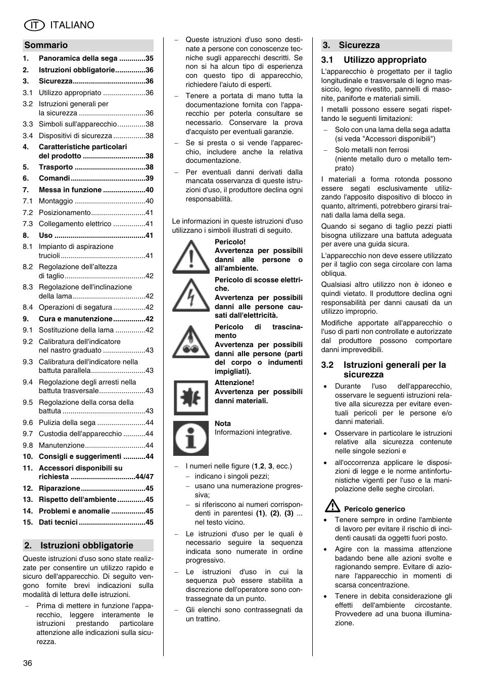 Italiano | Metabo TS 250 User Manual | Page 36 / 47