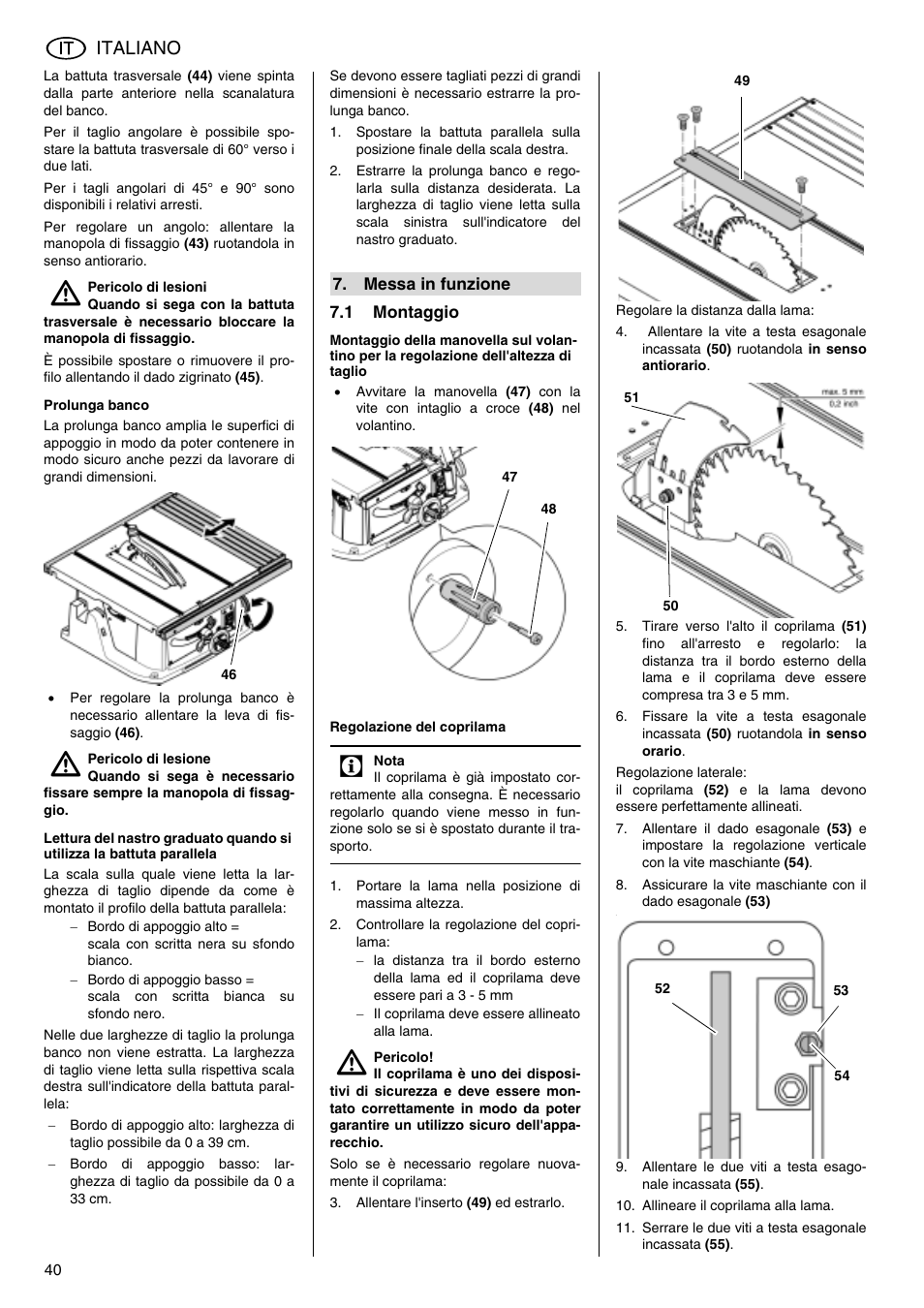 Italiano | Metabo TS 250 User Manual | Page 40 / 47