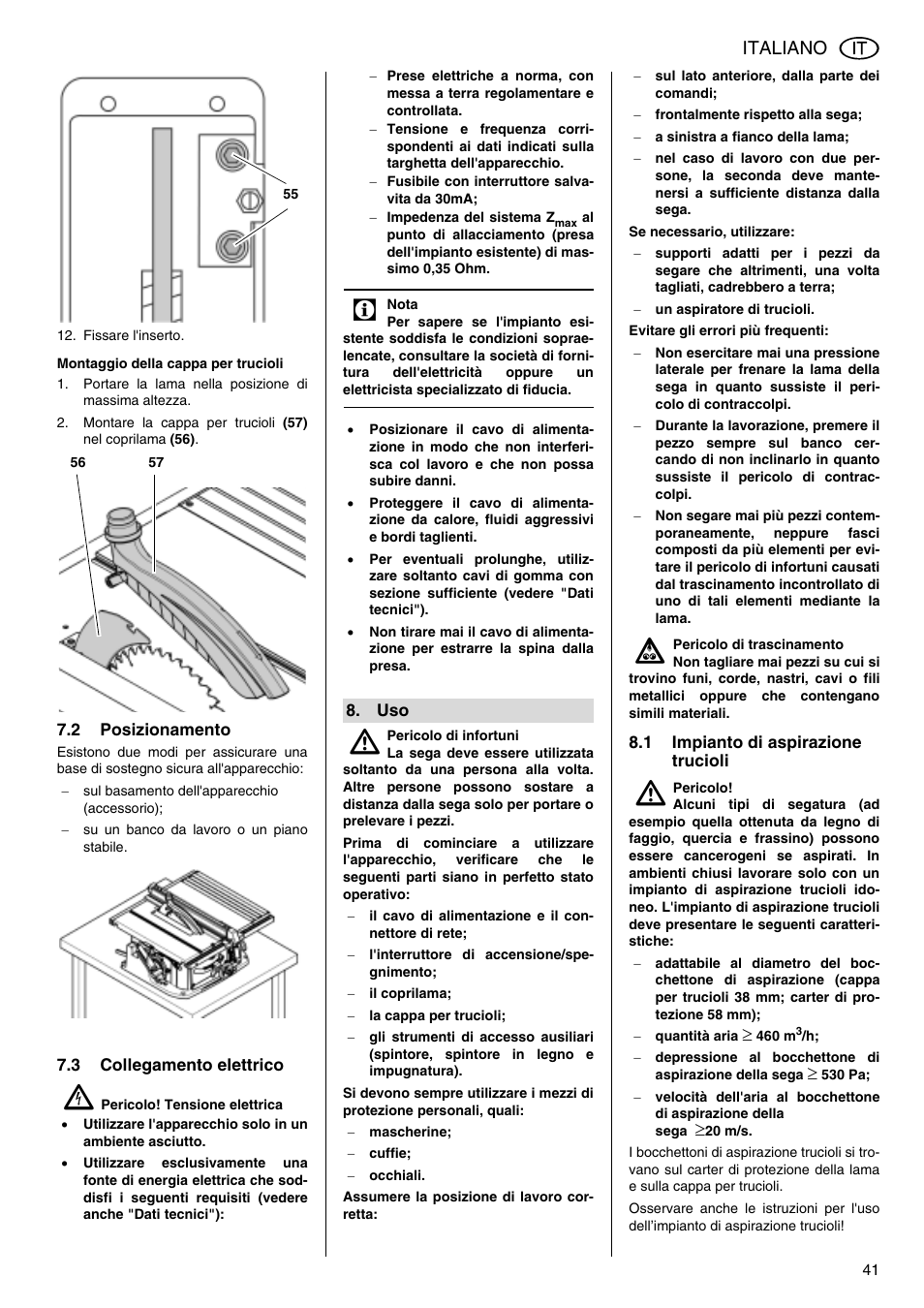 Italiano | Metabo TS 250 User Manual | Page 41 / 47