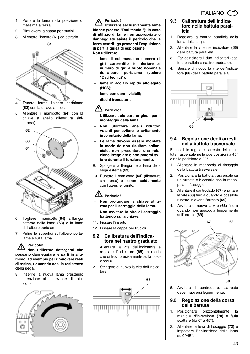 Italiano | Metabo TS 250 User Manual | Page 43 / 47