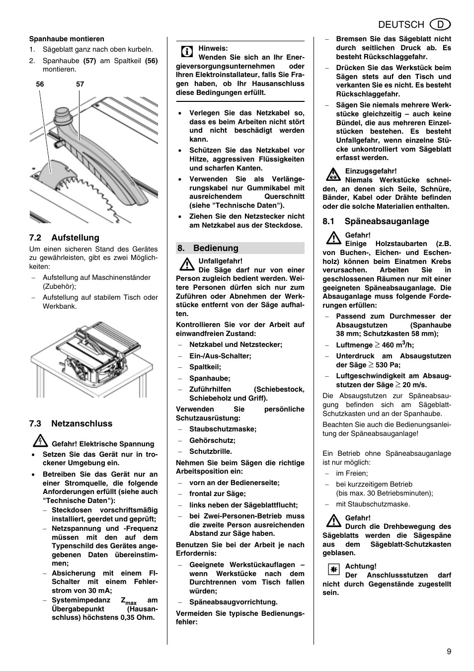 Deutsch | Metabo TS 250 User Manual | Page 9 / 47