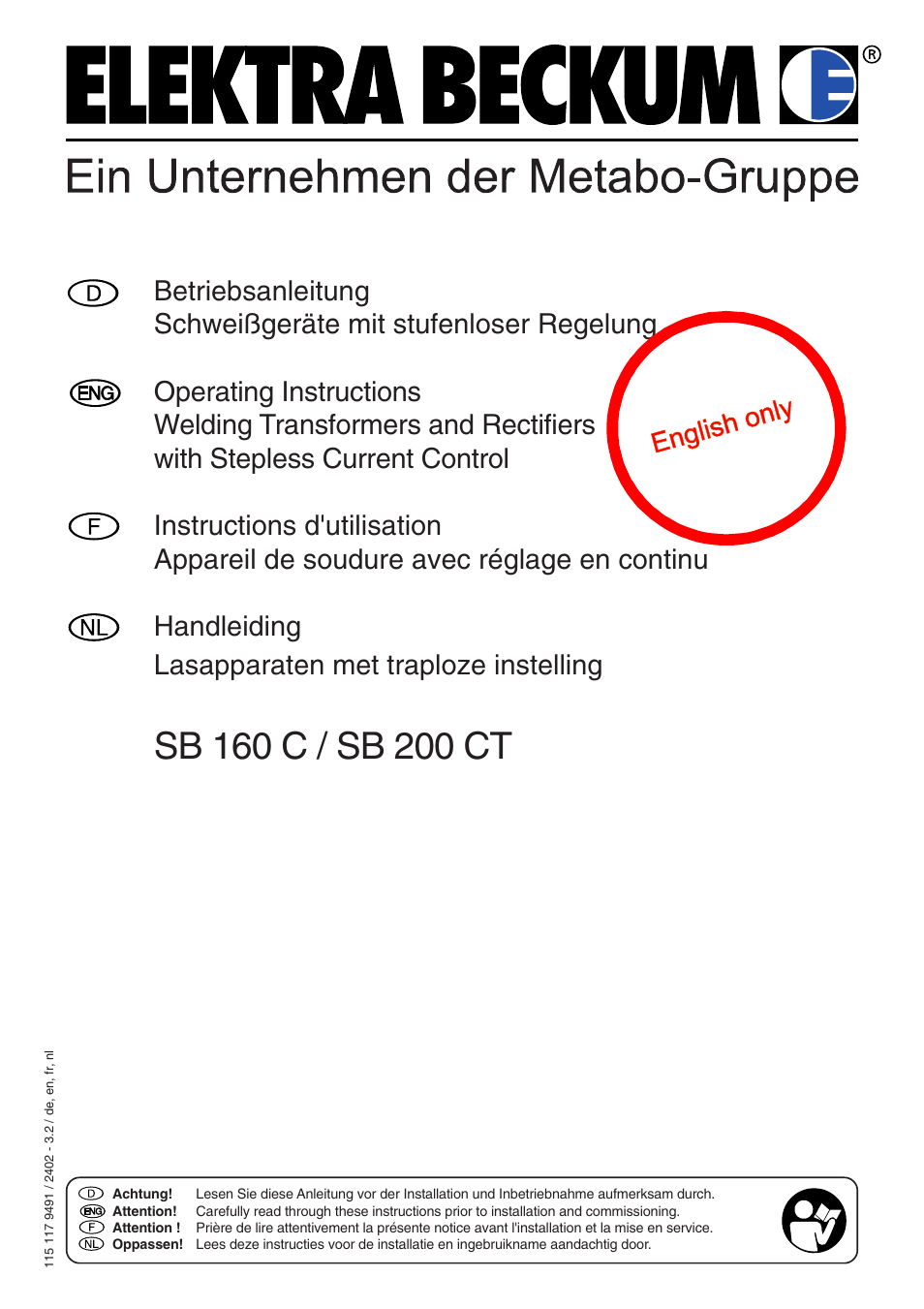 Metabo Welding Transformers and Rectifiers SB 160 C User Manual | 14 pages