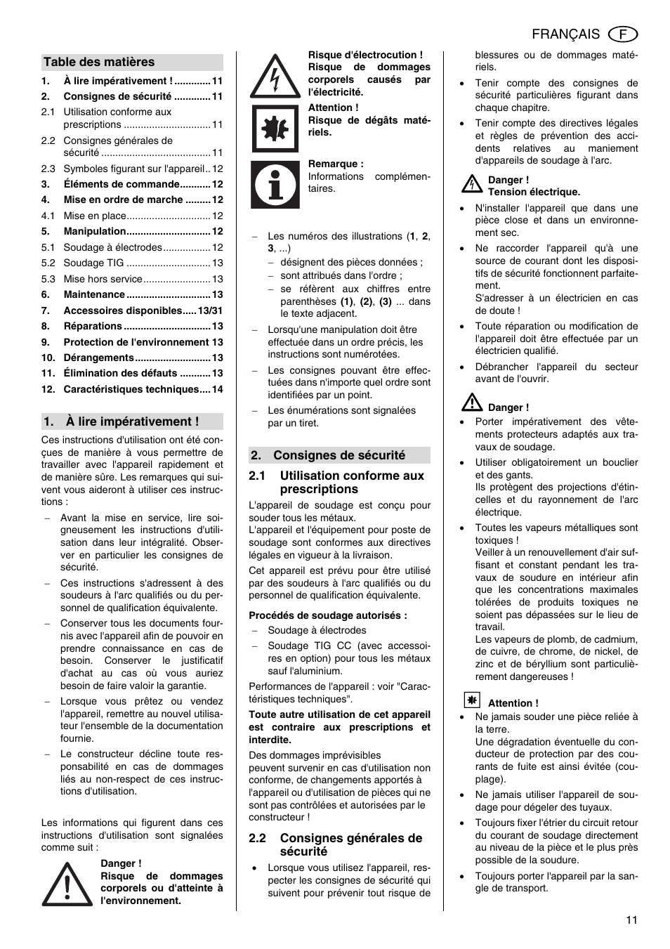 1 utilisation conforme aux prescriptions, Procédés de soudage autorisés, 2 consignes générales de sécurité | A danger, Instructions d'utilisation, Français | Metabo E 130 User Manual | Page 11 / 32