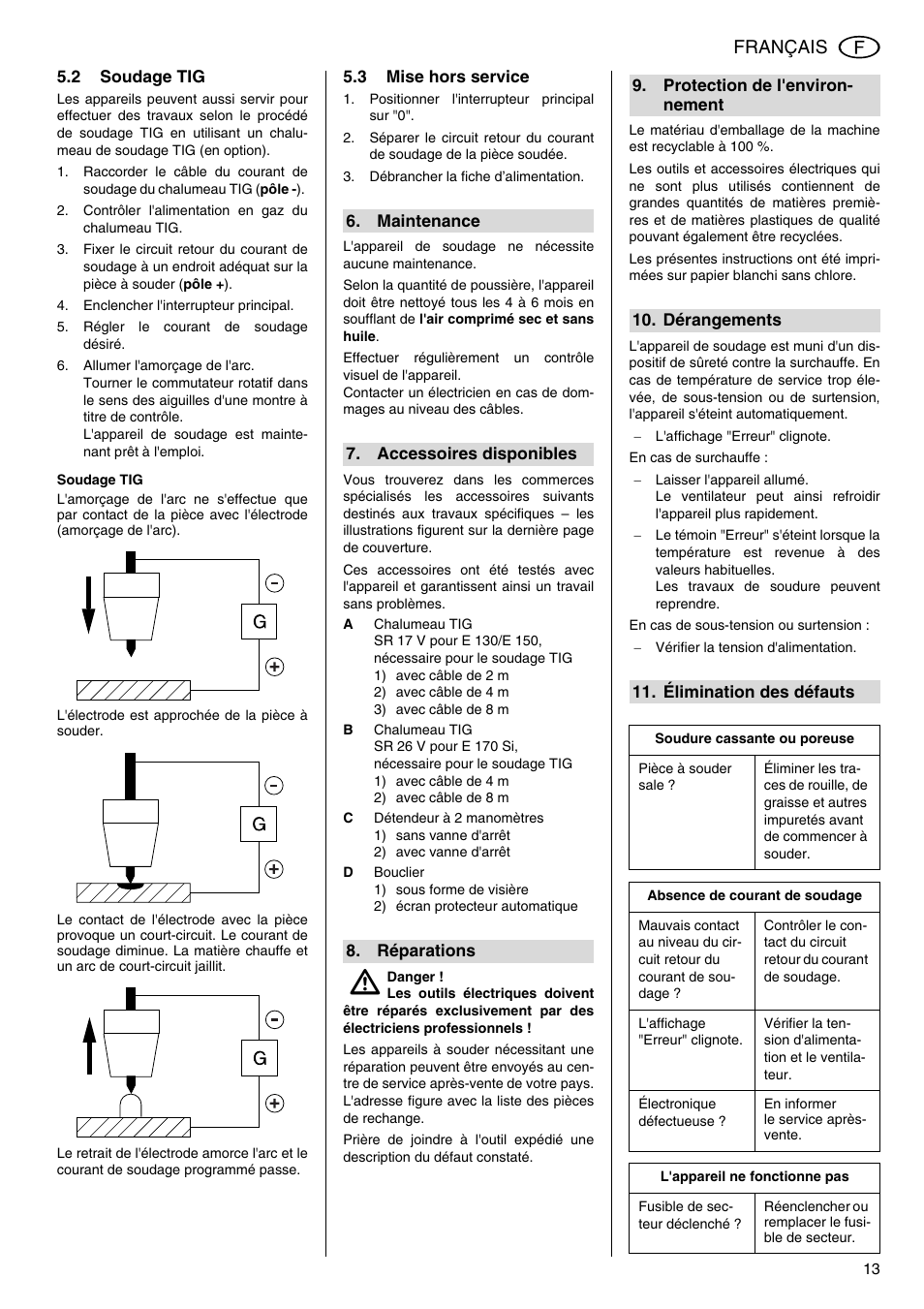 2 soudage tig, Contrôler l'alimentation en gaz du chalumeau tig, Enclencher l'interrupteur principal | Régler le courant de soudage désiré, Soudage tig, 3 mise hors service, Positionner l'interrupteur principal sur 