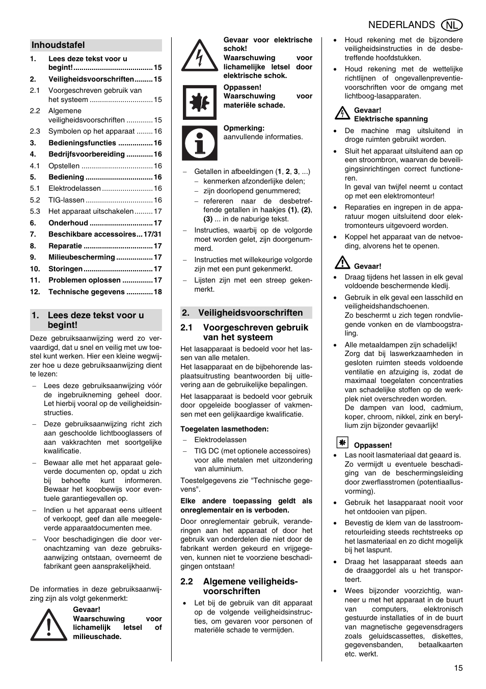 1 voorgeschreven gebruik van het systeem, Toegelaten lasmethoden, 2 algemene veiligheidsvoorschriften | A gevaar, Handleiding, Nederlands | Metabo E 130 User Manual | Page 15 / 32