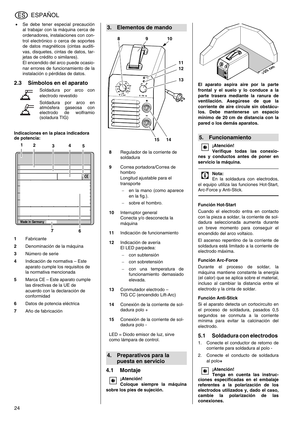 3 símbolos en el aparato, Indicaciones en la placa indicadora de potencia, 1 montaje | Función hot-start, Función arc-force, Función anti-stick, 1 soldadura con electrodos, Conecte el conducto de soldadura al polo, Elementos de mando, Preparativos para la puesta | Metabo E 130 User Manual | Page 24 / 32