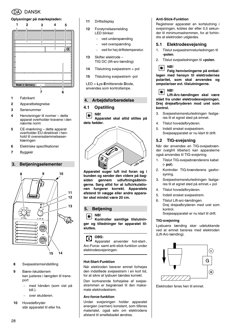 Oplysninger på mærkepladen, 1 opstilling, Hot-start-funktion | Arc-force-funktion, Anti-stick-funktion, 1 elektrodesvejsning, Tilslut svejsestrømreturledningen til -polen, Tilslut svejseledningen til +polen, Tilslut hovedafbryderen, 2 tig-svejsning | Metabo E 130 User Manual | Page 28 / 32