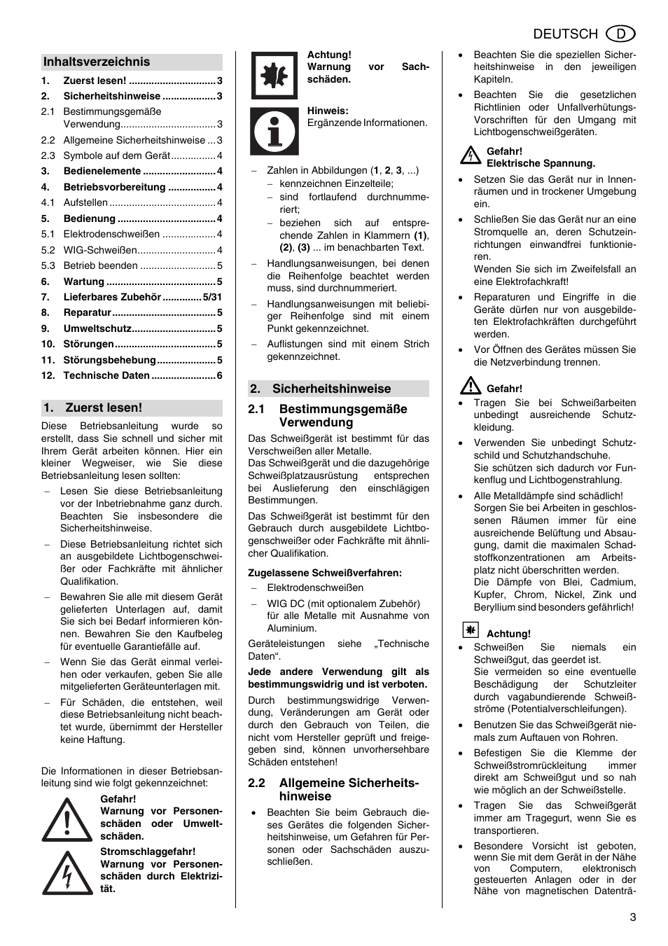 1 bestimmungsgemäße verwendung, Zugelassene schweißverfahren, 2 allgemeine sicherheitshinweise | Betriebsanleitung, Deutsch | Metabo E 130 User Manual | Page 3 / 32