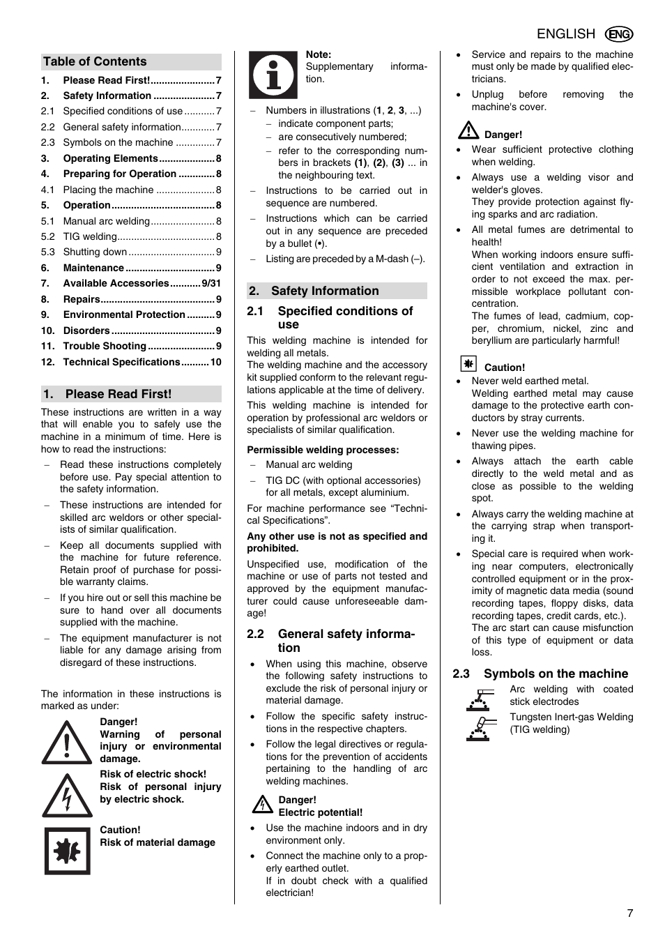 1 specified conditions of use, Permissible welding processes, 2 general safety information | A danger, 3 symbols on the machine, Operating instructions, English | Metabo E 130 User Manual | Page 7 / 32