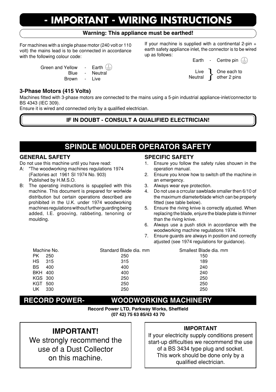 Important - wiring instructions, Spindle moulder operator safety, Record power-metabo woodworking machinery | Metabo BKH 400 User Manual | Page 23 / 56