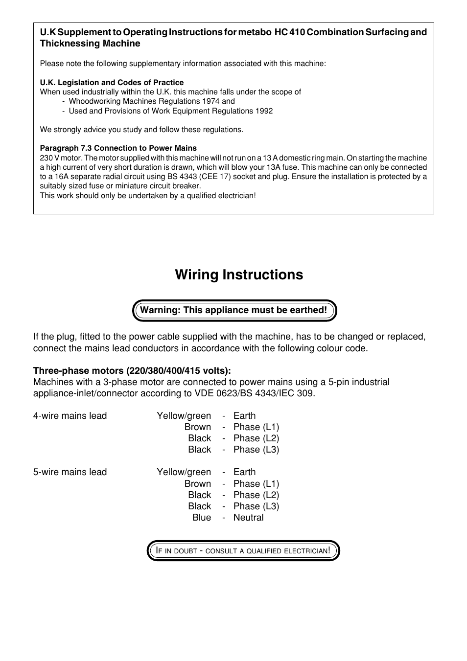 Wiring instructions | Metabo HC 410 User Manual | Page 15 / 52