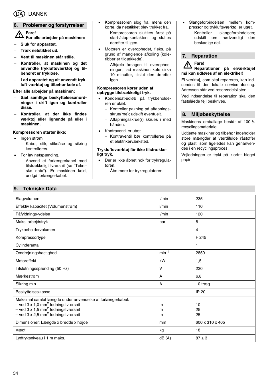 Dansk | Metabo Power 260 User Manual | Page 34 / 44