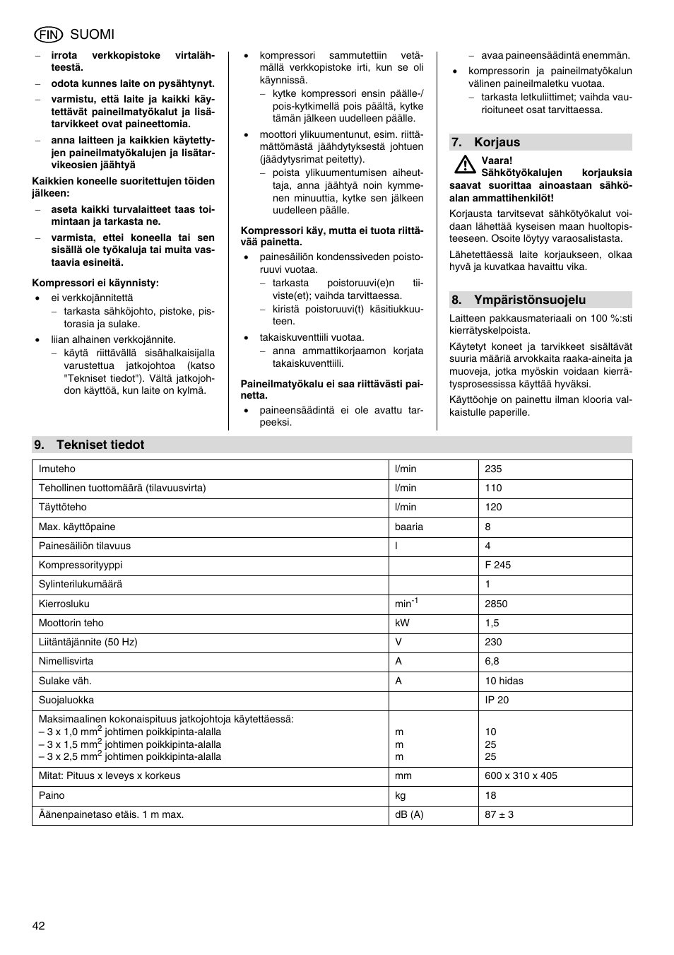 Suomi | Metabo Power 260 User Manual | Page 42 / 44