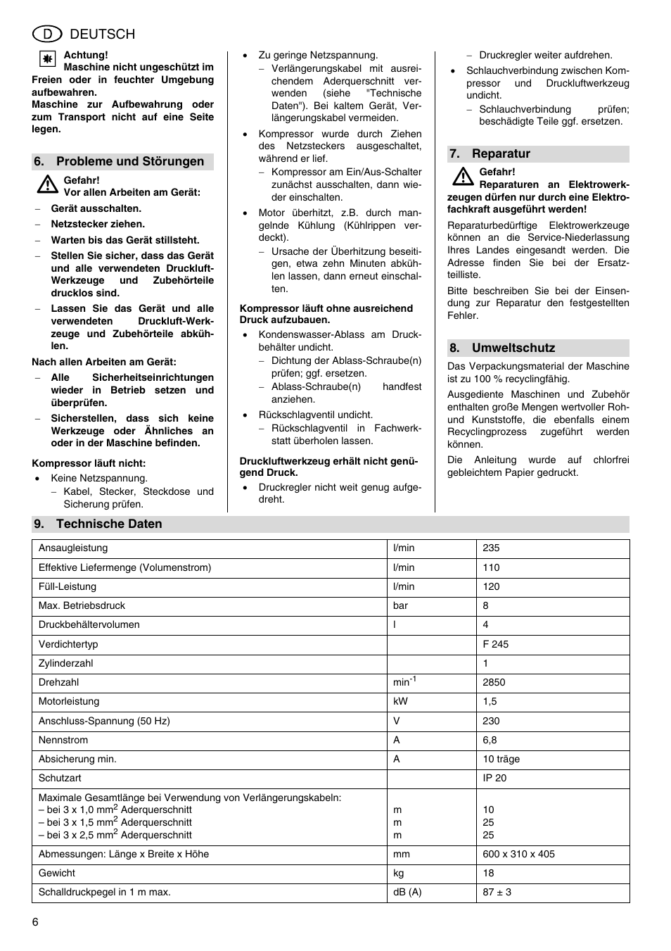 Deutsch | Metabo Power 260 User Manual | Page 6 / 44