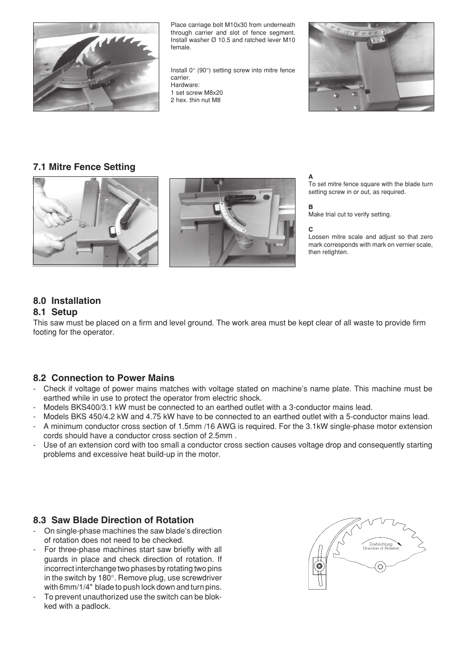 3 saw blade direction of rotation, 2 connection to power mains, 0 installation 8.1 setup | 1 mitre fence setting | Metabo BKS 450 User Manual | Page 6 / 12