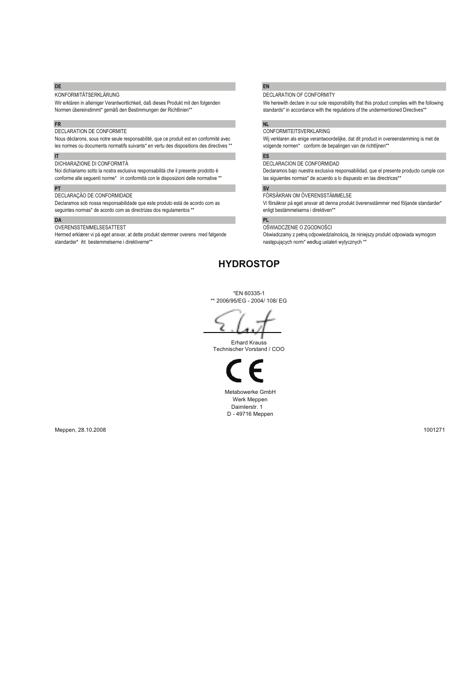 Hydrostop | Metabo Dry-running Sensor Hydrostop User Manual | Page 56 / 56