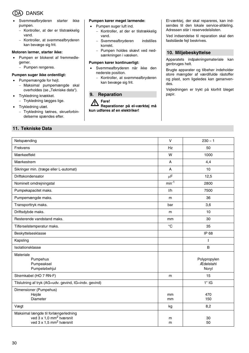 Dansk | Metabo TDP 7500 S User Manual | Page 30 / 39