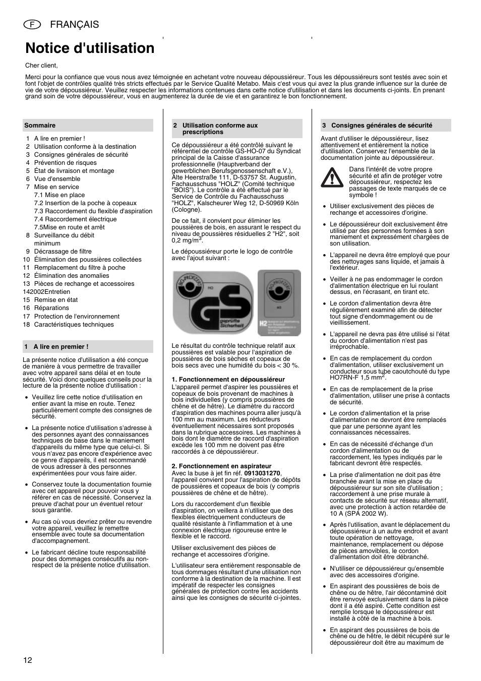 Notice d'utilisation, Français | Metabo SPA 2002 User Manual | Page 12 / 40