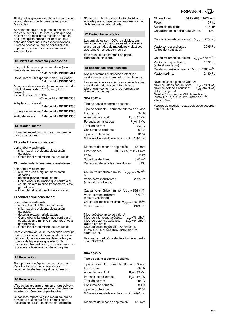 Español | Metabo SPA 2002 User Manual | Page 27 / 40