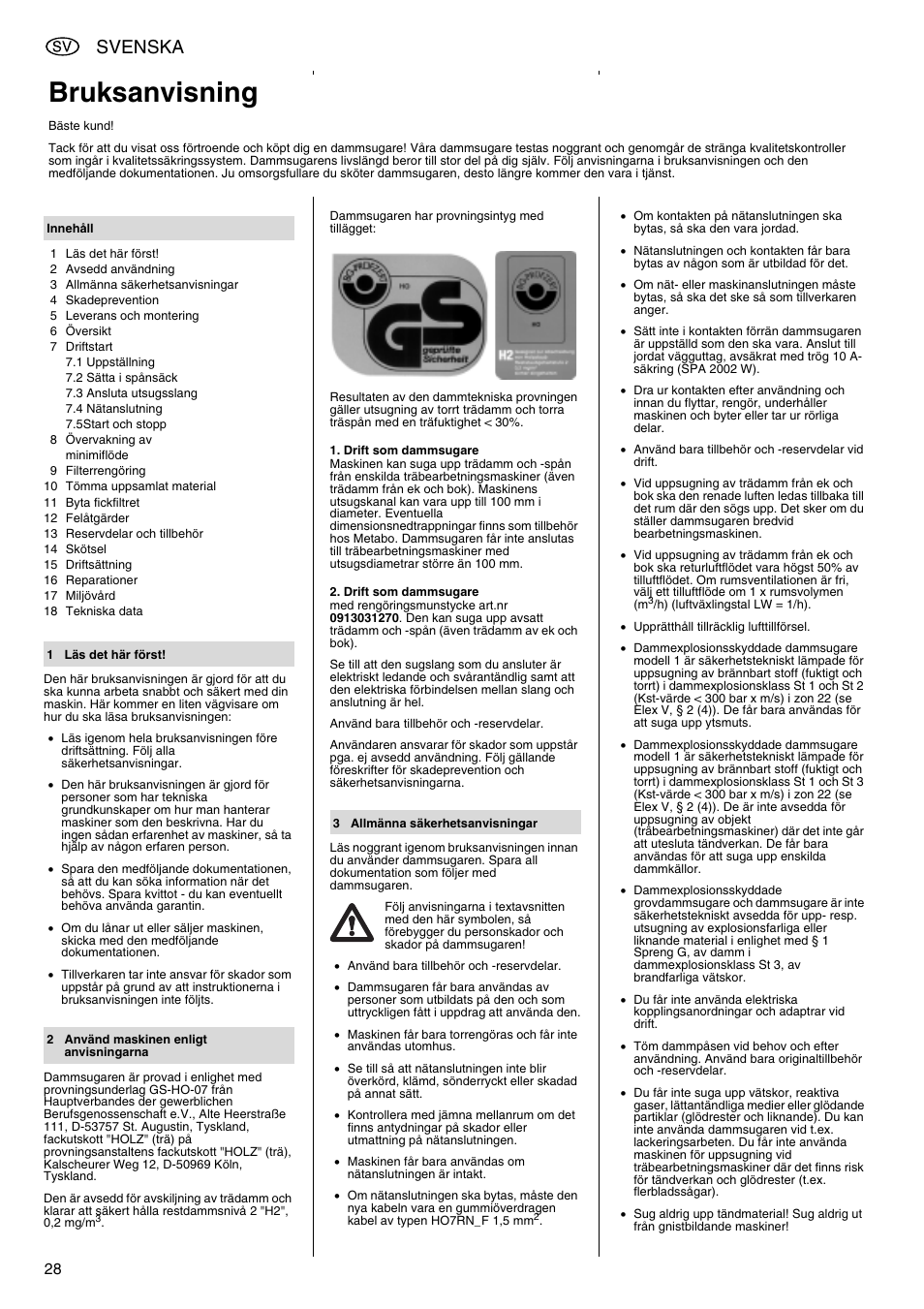 Bruksanvisning, Svenska | Metabo SPA 2002 User Manual | Page 28 / 40