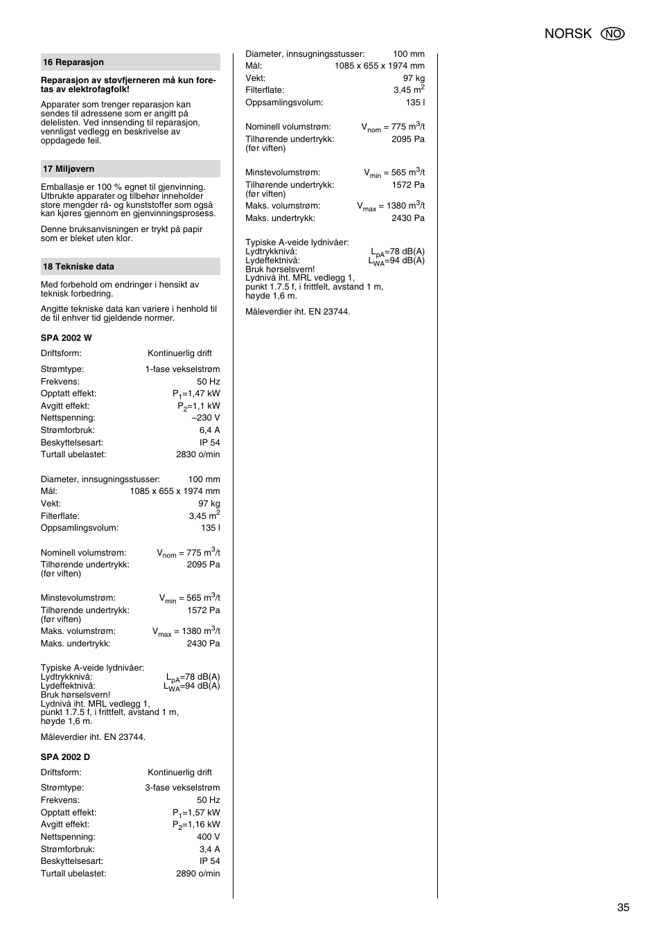 Norsk | Metabo SPA 2002 User Manual | Page 35 / 40