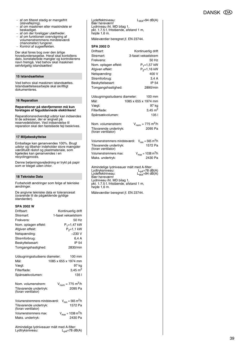 Dansk | Metabo SPA 2002 User Manual | Page 39 / 40