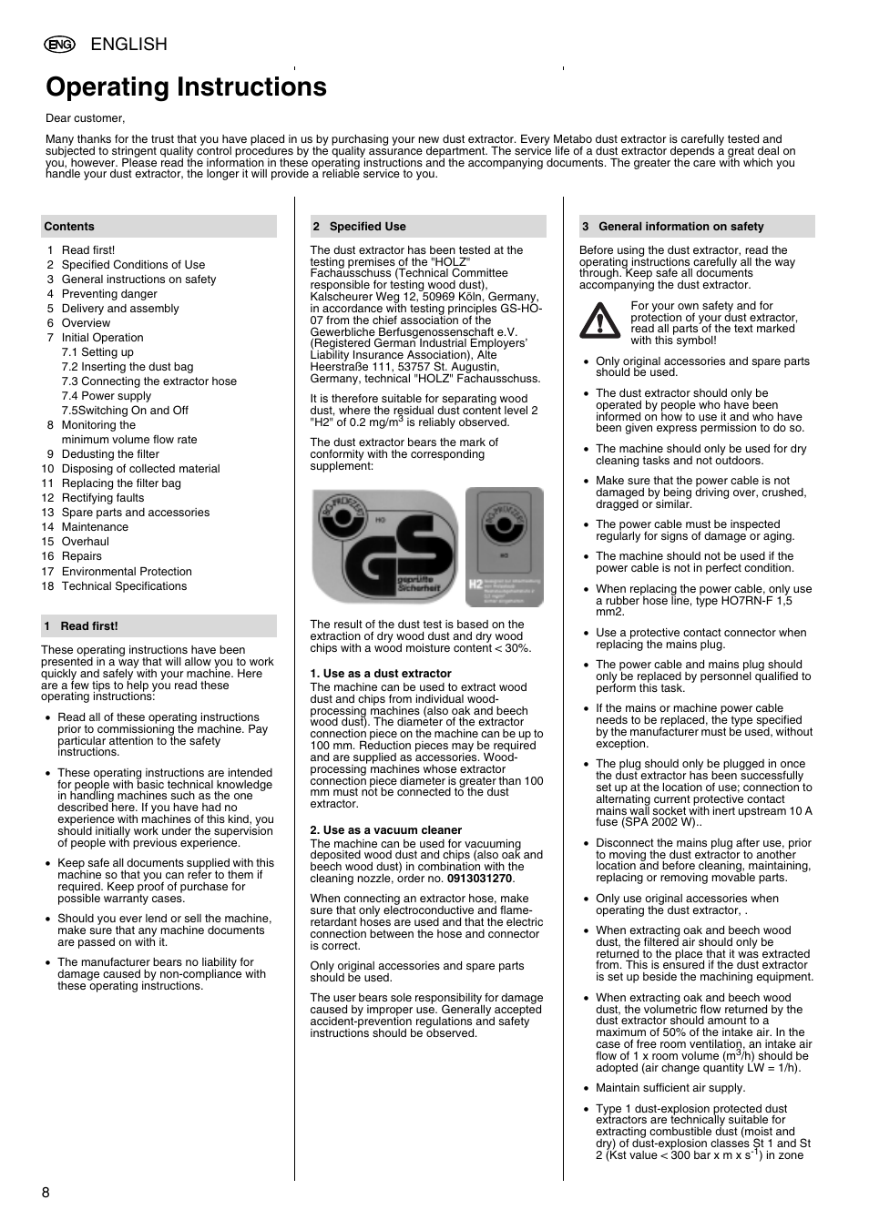 Operating instructions, English | Metabo SPA 2002 User Manual | Page 8 / 40