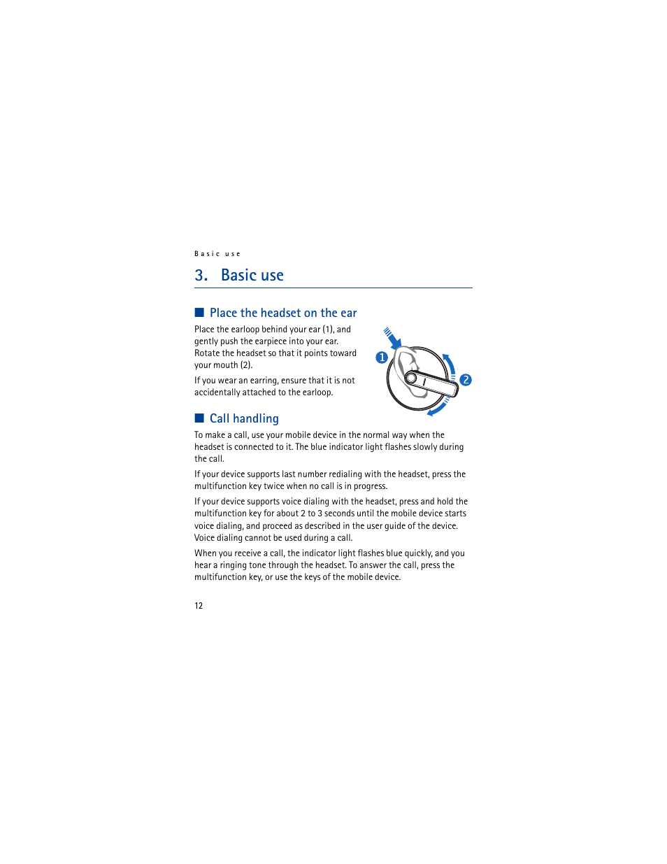 Basic use, Place the headset on the ear, Call handling | Place the headset on the ear call handling | Mobile Authority Headset BH-701 User Manual | Page 12 / 16