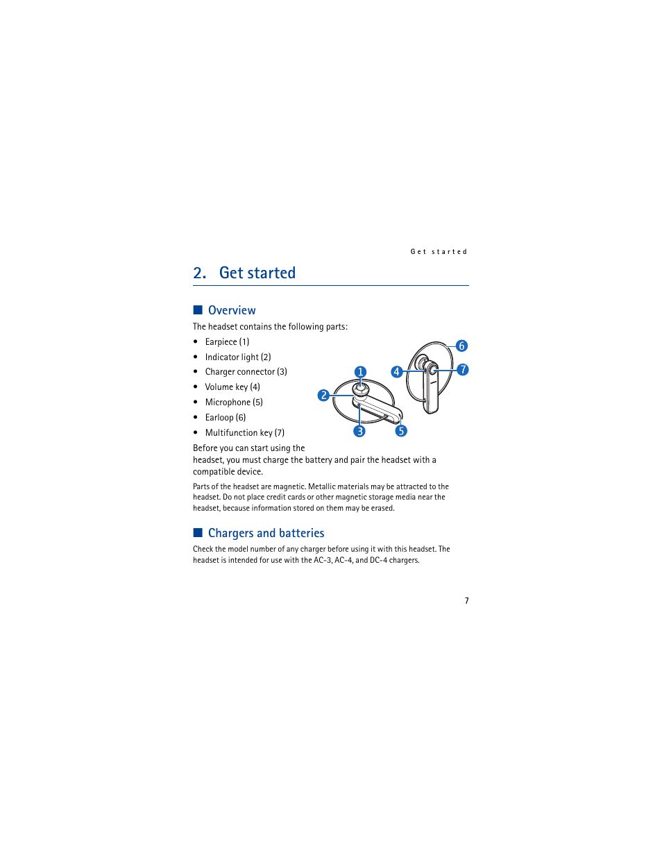 Get started, Overview, Chargers and batteries | Overview chargers and batteries | Mobile Authority Headset BH-701 User Manual | Page 7 / 16