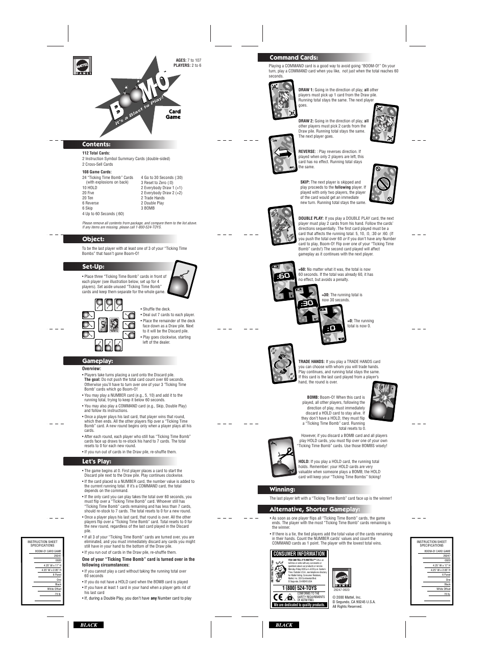 Front back, Object: set-up: gameplay, Consumer information | Mattel BOOM-O 29247 User Manual | Page 2 / 2