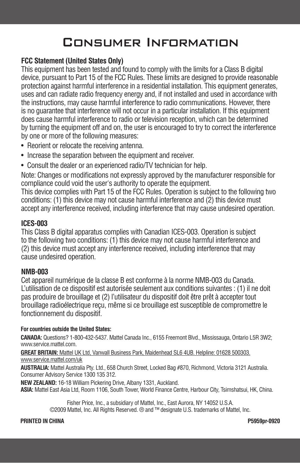 Consumer information | Mattel SMARTSPORTS! P5959 User Manual | Page 16 / 16