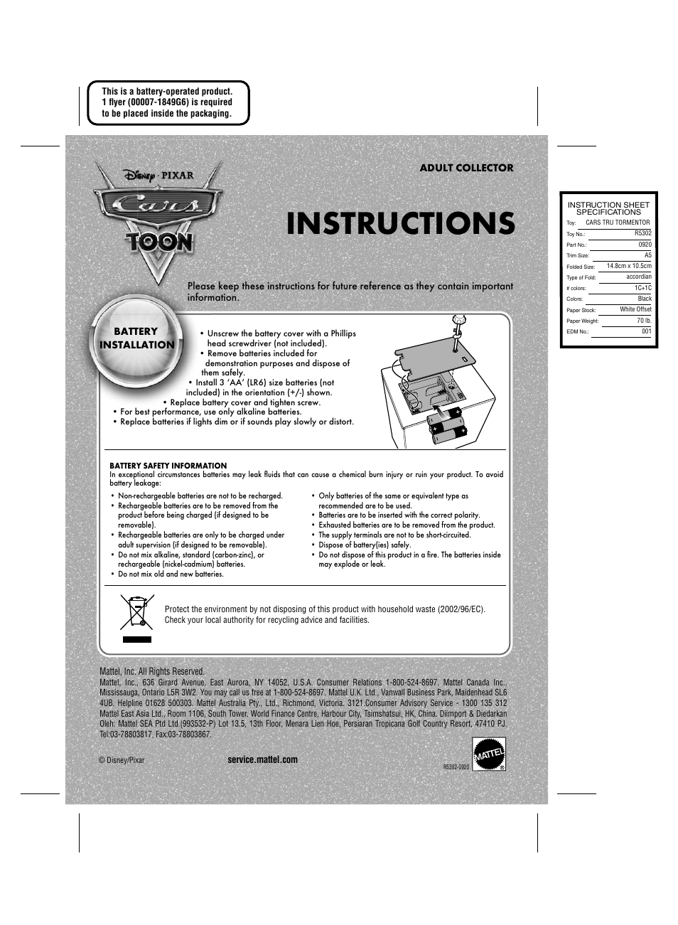 Mattel R5302-0920 User Manual | 1 page