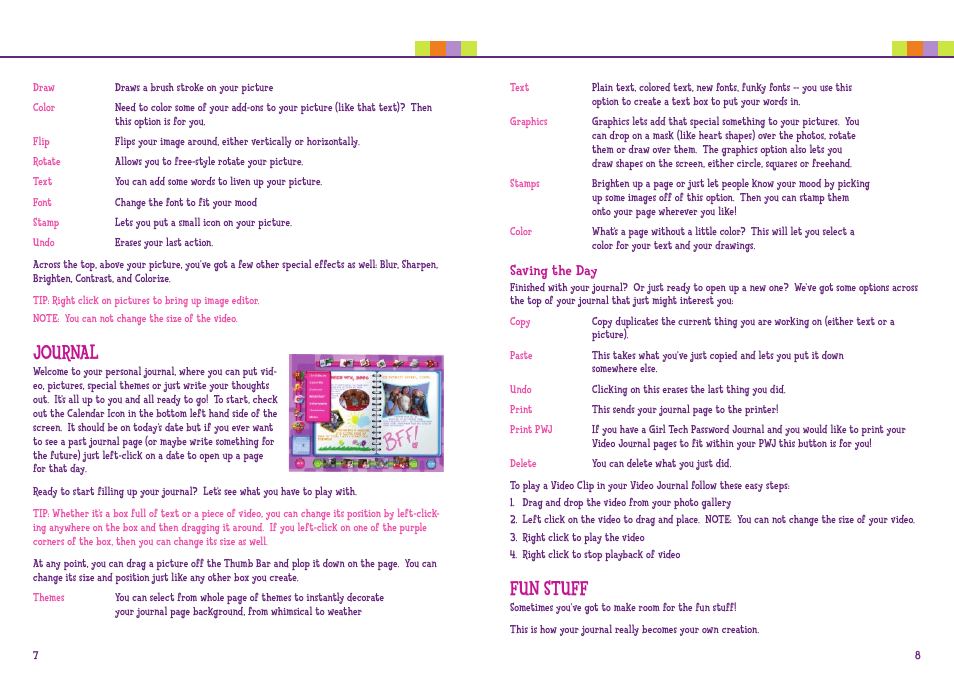 Fun stuff, Journal | Mattel VIDEO JOURNAL L7280 User Manual | Page 5 / 9