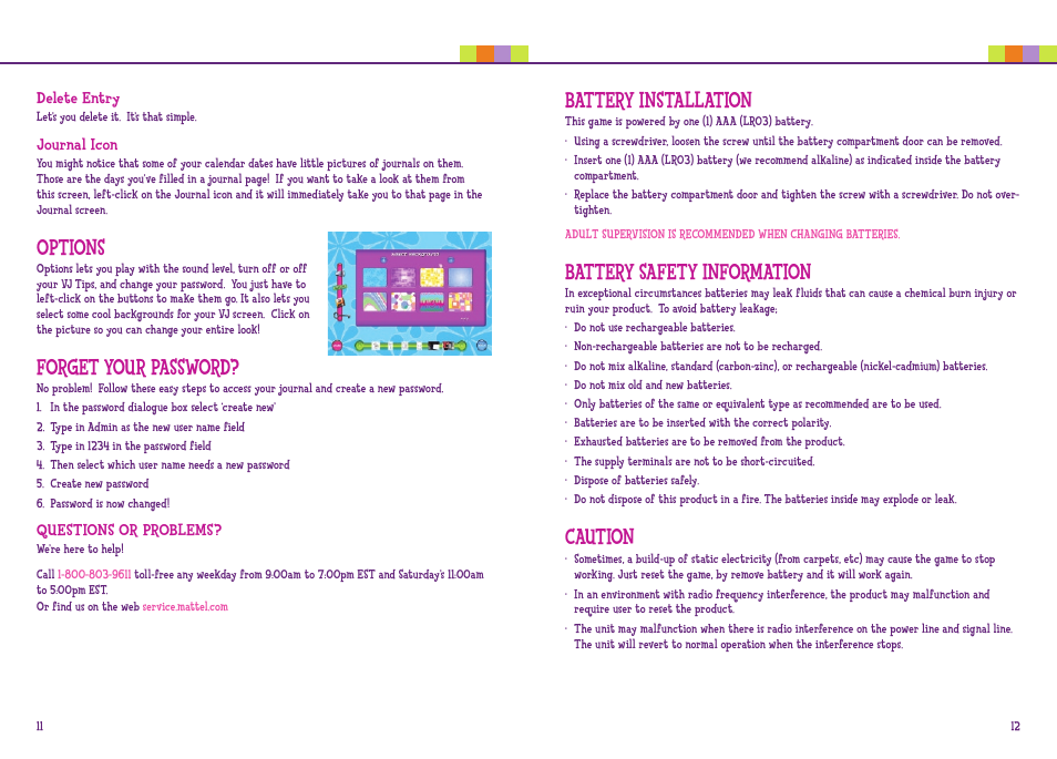 Options, Forget your password, Battery installation | Battery safety information, Caution | Mattel VIDEO JOURNAL L7280 User Manual | Page 7 / 9