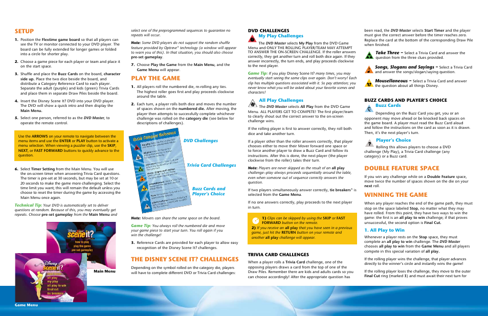 Setup, Play the game, The disney scene it? challenges | Double feature space, Winning the game | Mattel K8820 User Manual | Page 2 / 2