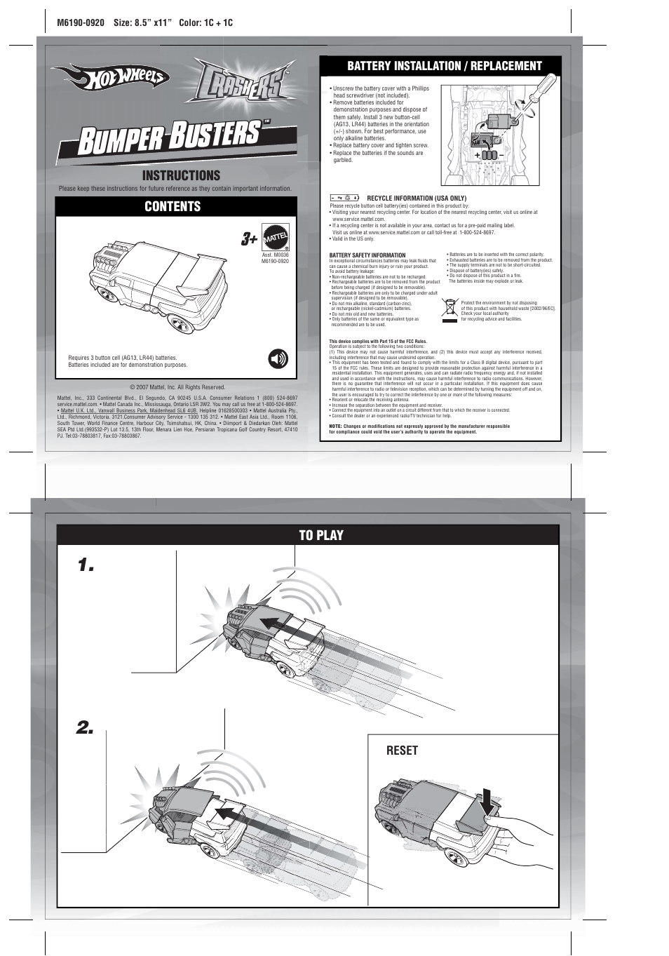 Bumper busters, Instructions contents, Battery installation / replacement | Reset | Mattel BUMPER BUSTER M6189-0920 User Manual | Page 2 / 2
