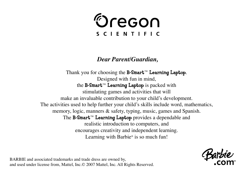Dear parent/guardian | Mattel B-Smart User Manual | Page 2 / 26