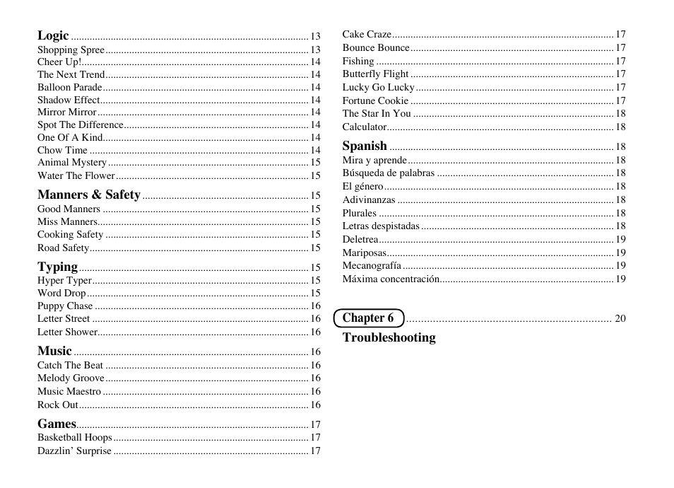 Spanish, Chapter 6, Troubleshooting logic | Manners & safety, Typing, Music, Games | Mattel B-Smart User Manual | Page 4 / 26