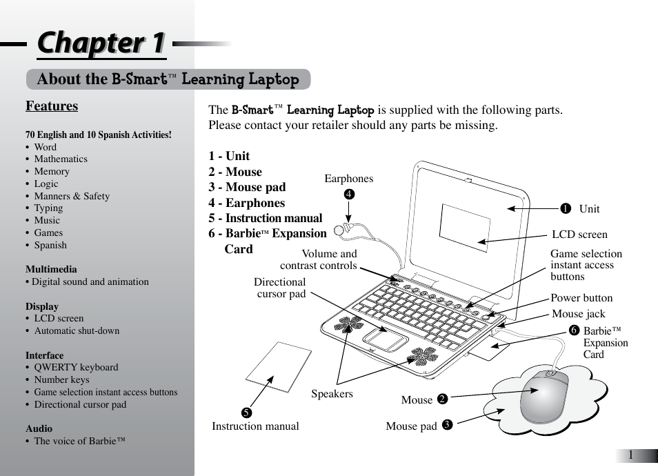 Chapter 1, About the b-smart, Learning laptop | Features | Mattel B-Smart User Manual | Page 5 / 26