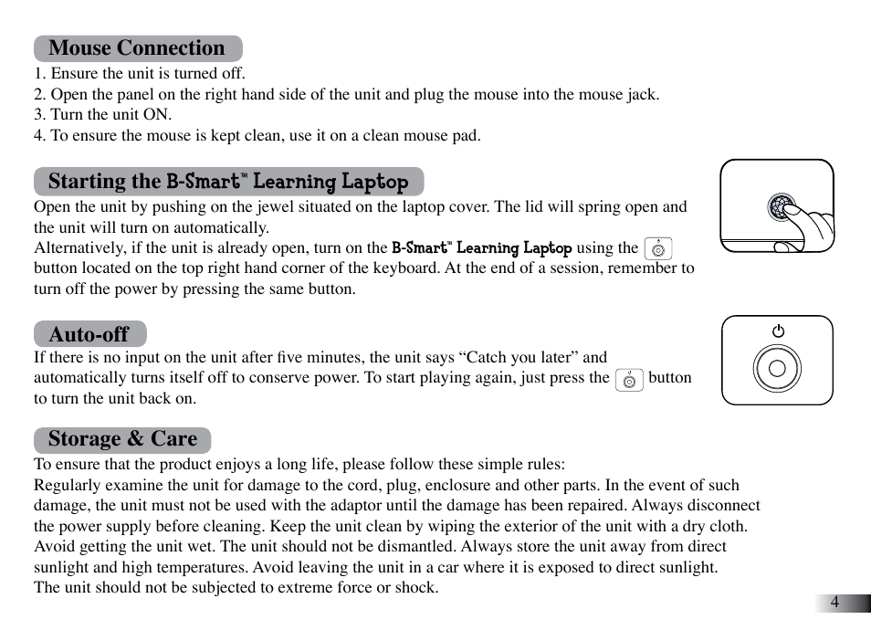 Mouse connection, Starting the b-smart™ learning laptop, Auto-off | Storage & care | Mattel B-Smart User Manual | Page 8 / 26