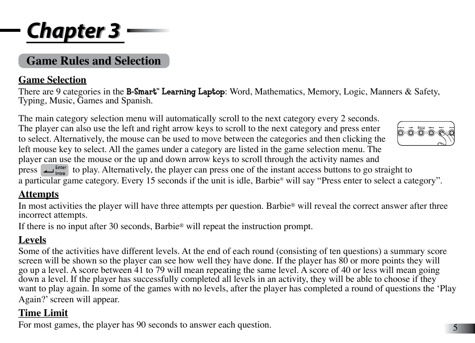 Chapter 3, Game rules and selection | Mattel B-Smart User Manual | Page 9 / 26
