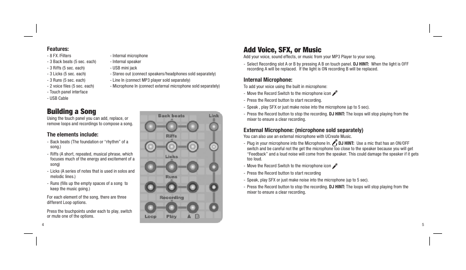 Building a song, Add voice, sfx, or music, Features | The elements include, Internal microphone, External microphone: (microphone sold separately) | Mattel UCREATE N9496 User Manual | Page 4 / 10