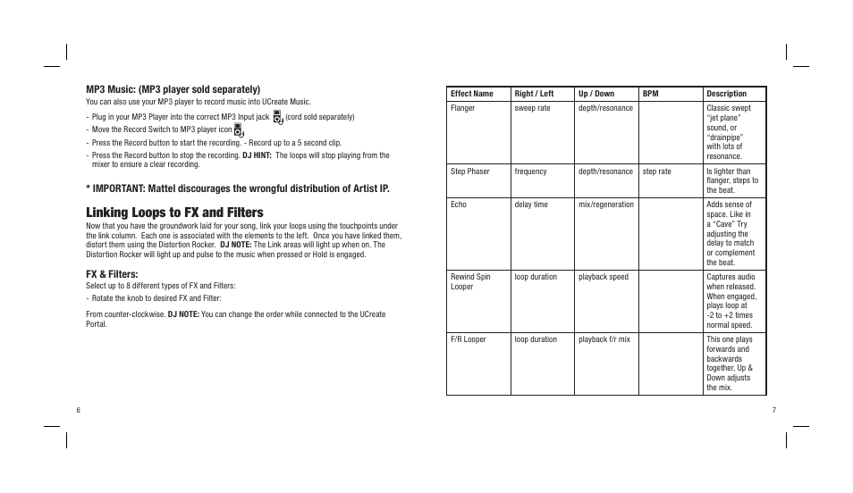 Linking loops to fx and filters, Mp3 music: (mp3 player sold separately), Fx & filters | Mattel UCREATE N9496 User Manual | Page 5 / 10