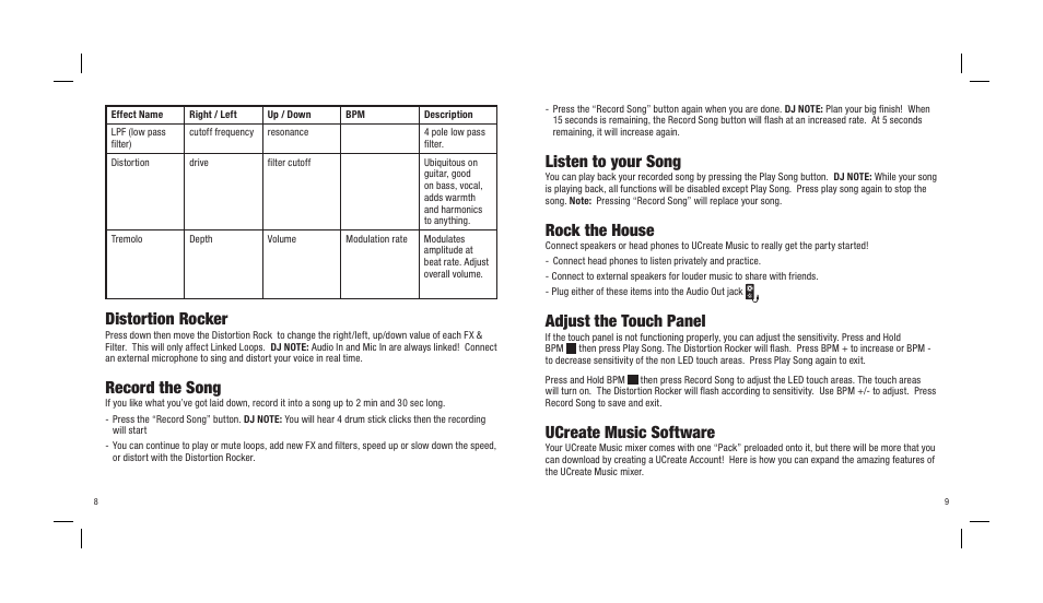 Distortion rocker, Record the song, Listen to your song | Rock the house, Adjust the touch panel, Ucreate music software | Mattel UCREATE N9496 User Manual | Page 6 / 10